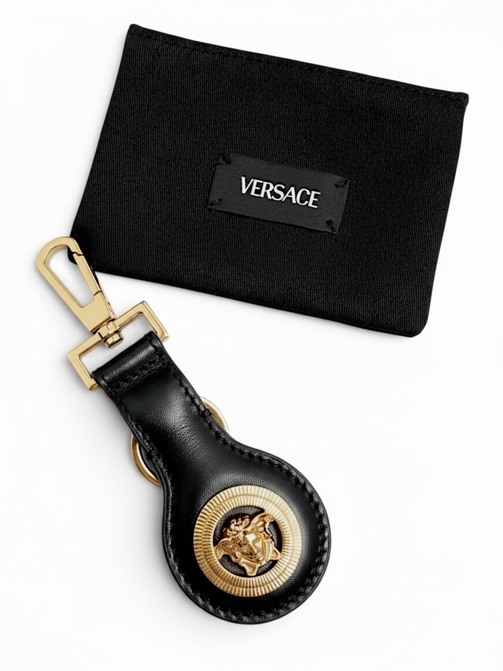 NWT Versace Black Leather Medusa Plaque Keyring Gold Charm with Dustbag